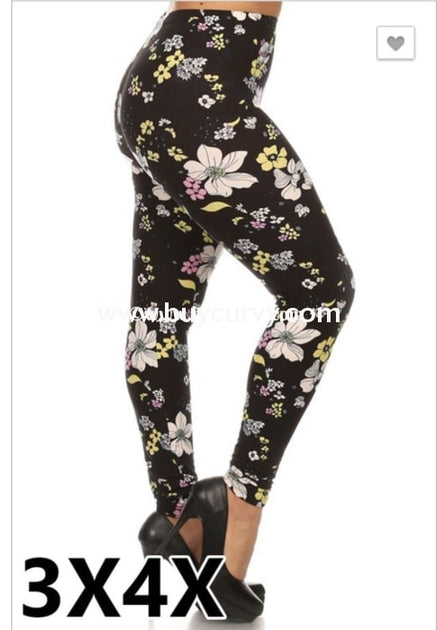 LEG-82 Black Leggings with White,Yellow & Pink Floral Print PLUS SIZE –  Curvy Boutique Plus Size Clothing
