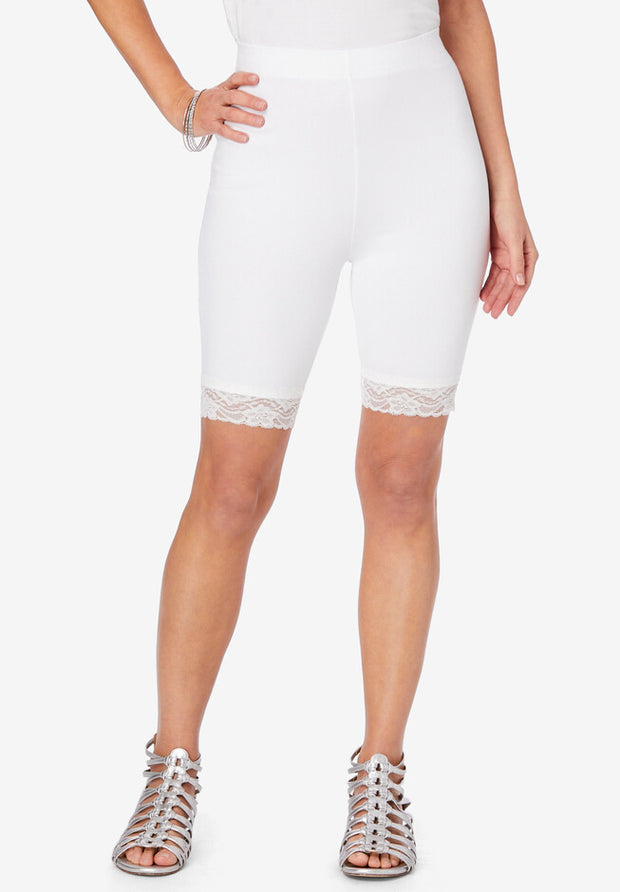 BT-R {Sassy and Fit} White Biker Shorts w/Lace Hem CURVY BRAND!!!  EXTENDED PLUS SIZE 1X 2X 3X 4X 5X 6X