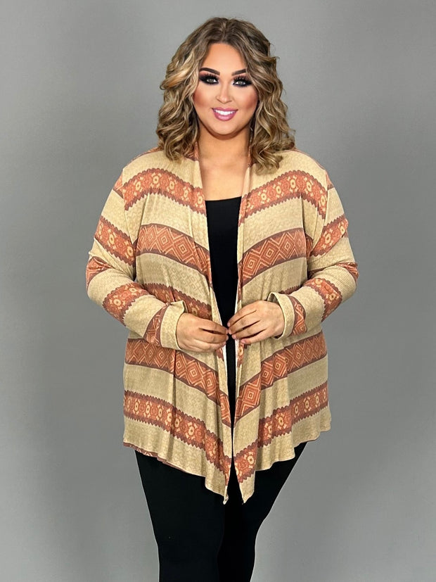 34-OT-X {Chain Of Events} Taupe/Rust Cardigan Plus Size 1X 2X 3X