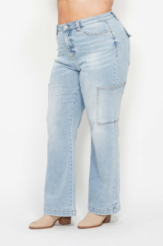 BT {Judy Blue} Light Blue Acid Washed High Waisted Denim Cargo Jeans