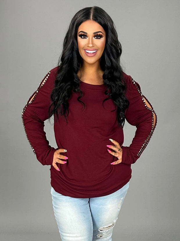 39 SD {Modern Muse} VOCAL Burgundy Top w/Studded Sleeves PLUS SIZE XL 2X 3X