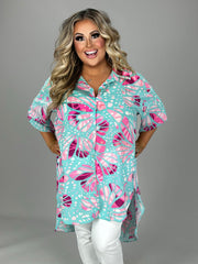 22 PSS-S {Radiant Reflection} Blue/Pink Print Hi/Low Tunic PLUS SIZE 1X 2X 3X