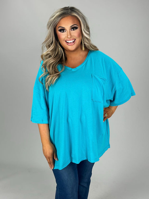 27 SSS {Happy As Can Be} Ice Blue V-Neck Top w/Pocket PLUS SIZE 1X 2X 3X