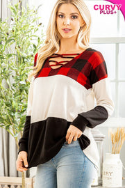 1-22 CP {Cozy Winters} Black/Red/Ivory Plaid Contrast Cage Neck Top PLUS SIZE 1X 2X 3X