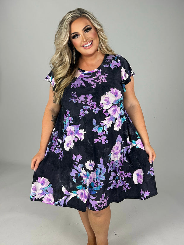 29 PSS-S {Pretty On Point}  Black/Purple Floral Dress PLUS SIZE 1X 2X 3X