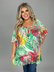 70 PSS {Heard It All} Green Leaf Print Top w/Ruffle Hem PLUS SIZE 1X 2X 3X  (True To Size}