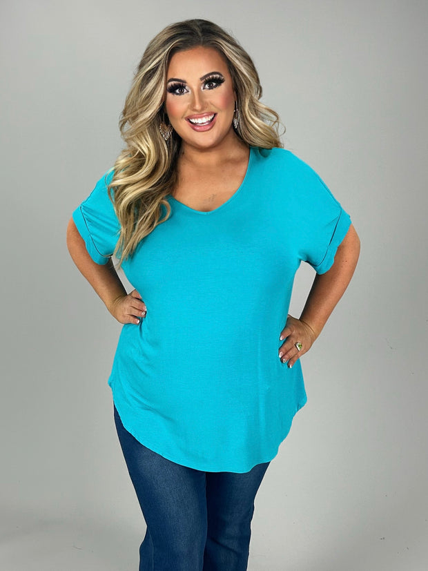56 SSS-C {Hint of Teal} Teal V-Neck Short Sleeve Top  PLUS SIZE 1X 2X 3X