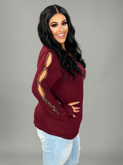 39 SD {Modern Muse} VOCAL Burgundy Top w/Studded Sleeves PLUS SIZE XL 2X 3X