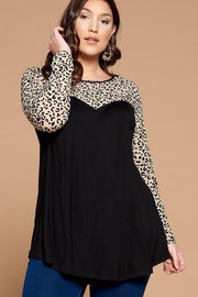 1- 39 CP {Cue The Drama} Black Leopard Contrast Top w/ Lace Neck Detail PLUS SIZE XL 2X 3X