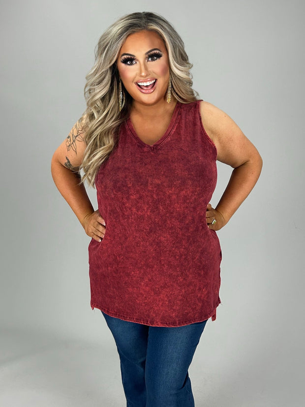 44 SV-D {Ease Along} Cabernet Mineral Wash Sleeveless Top PLUS SIZE 1X 2X 3X