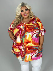 42 PSS {Ideal Cuteness} Red/Orange Swirl Print Top EXTENDED PLUS SIZE 4X 5X 6X  (Size Up 1 Size)