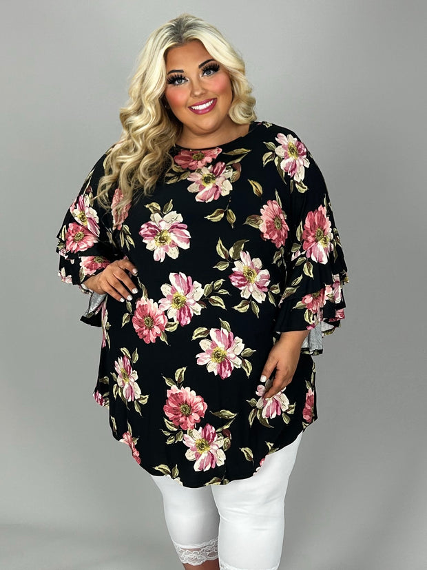 33 PQ {Floral Flair} Black Floral Tunic w/Ruffle Sleeves EXTENDED PLUS SIZE 3X 4X 5X