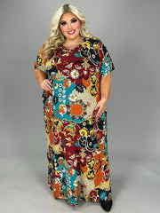 LD-P {Girl Talk} Red Print V-Neck Maxi Dress EXTENDED PLUS SIZE 3X 4X 5X