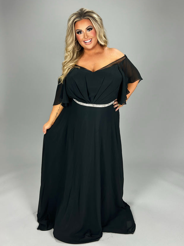 LD-I {A Little Shine} Black Ruffle Chiffon Gown EXTENDED PLUS SIZE 6X