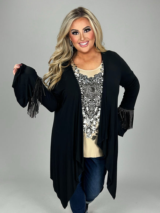 1-45 OT-B {Double Shot} Black Cardigan With Gold Studded Fringe Plus Size 1X 2X 3X