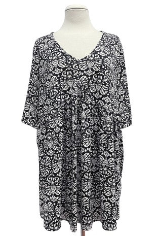 46 PSS {Modern Love} Black/Ivory Damask V-Neck Babydoll Top  EXTENDED PLUS SIZE 3X 4X 5X