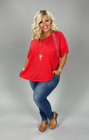 89 SD {Never Basic} VOCAL Red V-Neck Top w/ Rhinestone Detail PLUS SIZE XL 2X 3X