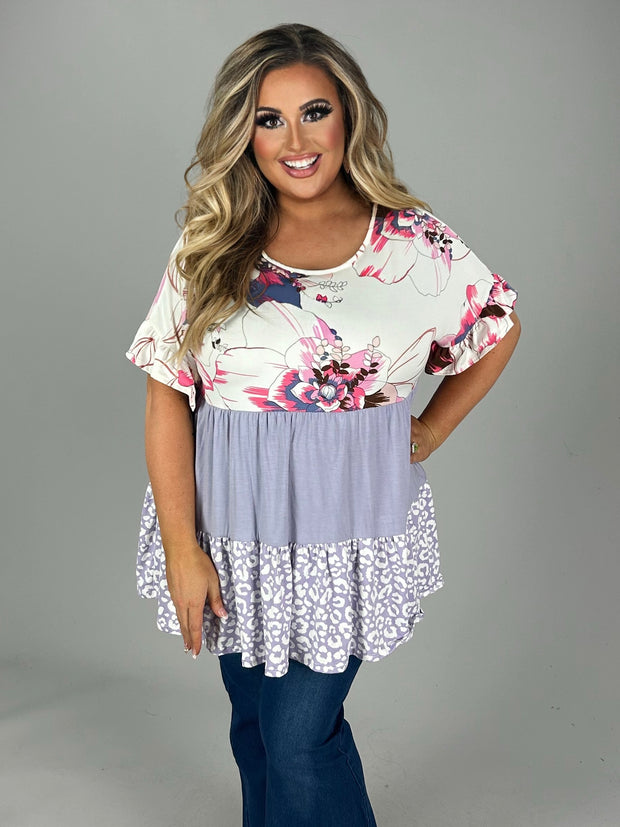 76 CP-B {Lift Your Spirits} Lilac Floral Tiered Top PLUS SIZE 1X 2X 3X