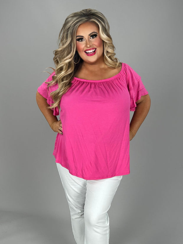 76 OS {Here For You} Pink Off Shoulder Ruffle Sleeve Top PLUS SIZE 1X 2X 3X