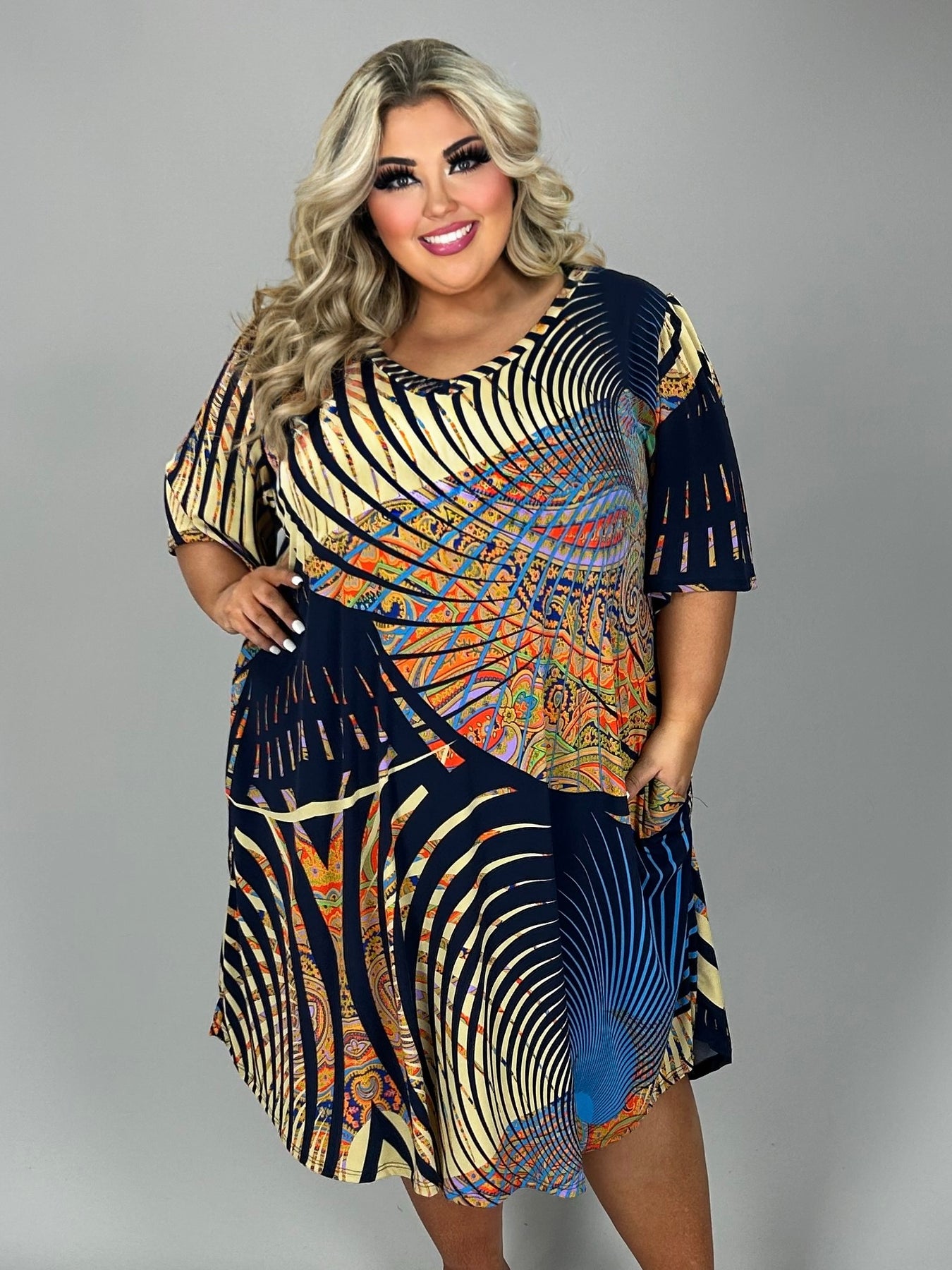 Curvy Boutique Plus Size Clothing 52 PSS N Urban Adventures Navy Orange Print Dress Extended Plus Size 3X 4X 5X 3X