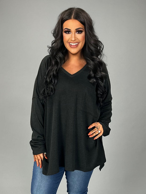 94 SLSL {All On You} Black Melange Jacquard V-Neck Top PLUS SIZE 1X 2X 3X