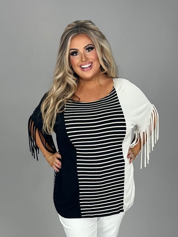 SALE!! 88 CP-A {Leader Of The Pack} Black/Ivory Striped Top W/Fringe PLUS SIZE 1X 2X 3X