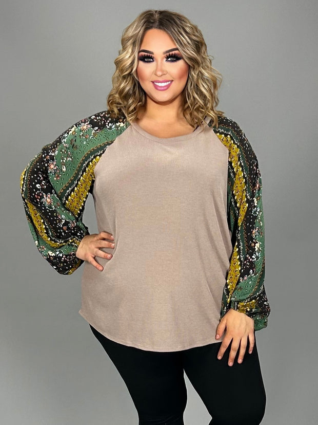 30 CP-X {Pleasing Vision} Taupe Top W/Floral Sleeves PLUS SIZE 1X 2X 3X