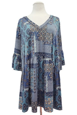 71 PSS {Sweet Wonder} Blue Patchwork Babydoll V-Neck EXTENDED PLUS SIZE 3X 4X 5X Top