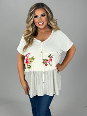 63 CP-A {Lovely Life} White Floral & Stripe Contrast Top PLUS SIZE 1X 2X 3X