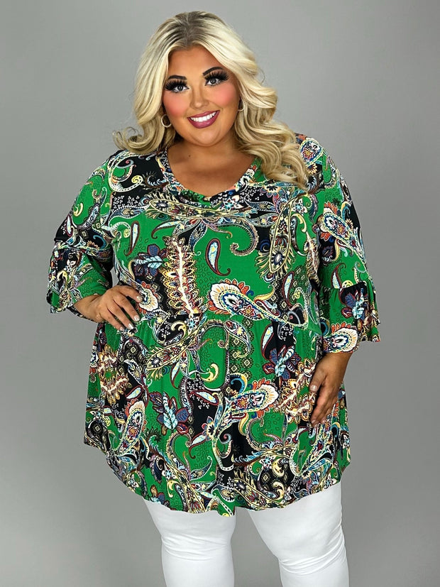 71 PSS {Caught You Looking} Green Paisley Babydoll V-Neck Top EXTENDED PLUS SIZE 1X 2X 3X 4X 5X