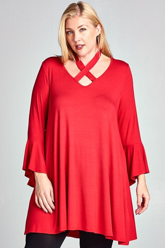 1-32 SQ {Dreaming Of Elegance} Red V-Neck Top w/ Tie Cross Neck Detail PLUS SIZE XL 2X 3X