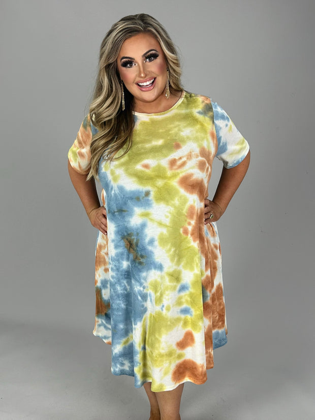 SALE!! 89 PSS-B {Simple Needs} Navy/Olive/Rust Tie Dye Waffle Knit Dress PLUS SIZES 1X 2X 3X