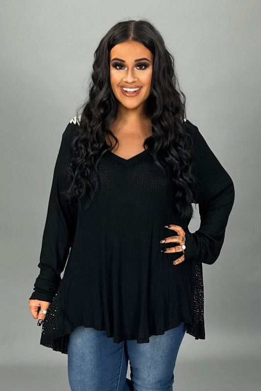 91 SD {Creative Dreamer} Vocal Black V-Neck Top w Rhinestone & Wing Detail PLUS SIZE 1X 2X 3X