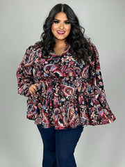 35 PLS-K {Strutting It} Black Floral Tiered Top  PLUS SIZE 1X 2X 3X