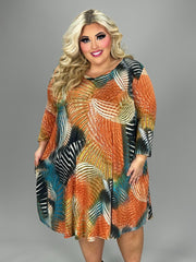 1-1 82 PQ-B {Fine By Me} Orange Print V-Neck Dress EXTENDED PLUS SIZE 3X 4X 5X