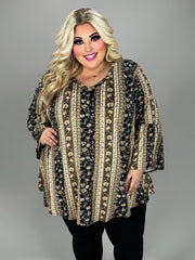 37 PQ {Nighttime Cozy Talks} Black Tan Floral  V-Neck Tunic  EXTENDED PLUS SIZE 1X 2X 3X 4X 5X