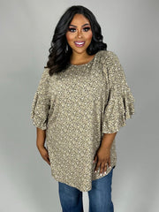 82 PQ-K {My Own Path} Taupe Floral Ruffle Sleeve Tunic PLUS SIZE 1X 2X 3X