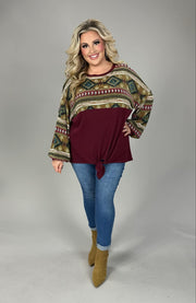 25 CP {The Desert Calls} Burgundy Tribal Print Front Tie Top PLUS SIZE XL 2X 3X