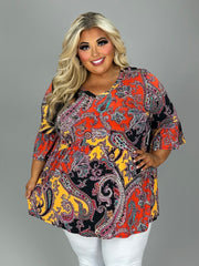 SALE!! 1-72 PSS {Doing My Best} Red/Mustard Paisley Babydoll Top EXTENDED PLUS SIZE 3X 4X 5X