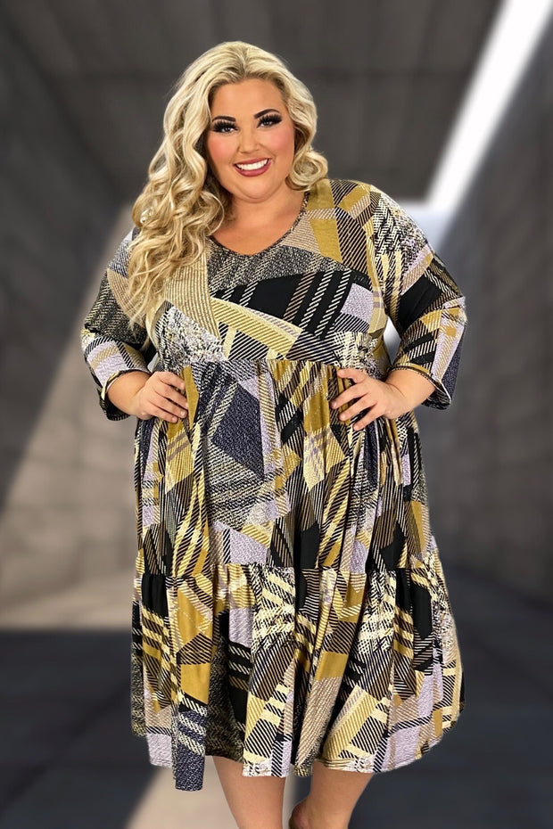 SALE!! 1- 25 PQ {Setting The Record} Tan/Black Geo Print Tiered Dress EXTENDED PLUS SIZE 3X 4X 5X