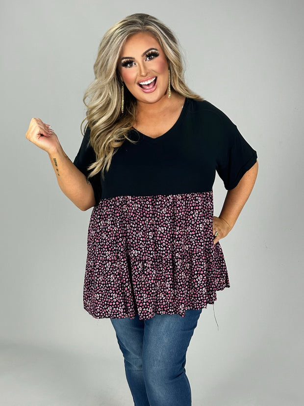 11 CP-A {Style For Every Story} Black Ditsy Floral Tiered Top PLUS SIZE 1X 2X 3X