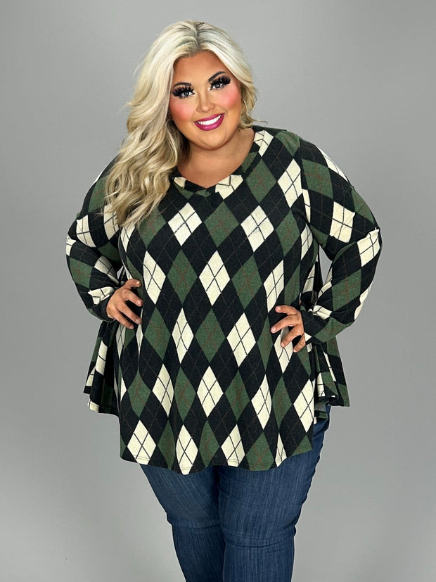 SALE!! 27 PLS {Focused Fashion} Green/Black Diamond Print Top EXTENDED PLUS SIZE 3X 4X 5X