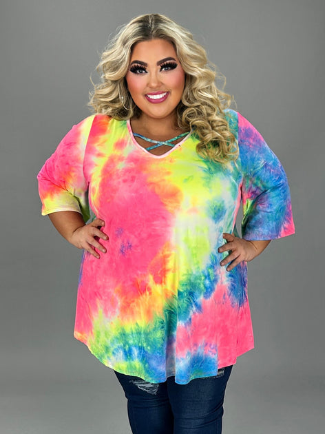 13 PQ {Jamaican Sunrise} Hot Pink Tie Dye Criss Cross Top CURVY BRAND ...