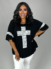 SALE!! 42 SD-Q {Mighty Cross} Black/Ivory Lace Cross & Sleeve Detail Top CURVY BRAND!!!  PLUS SIZE XL 2X 3X (May Size Down 1 Size)