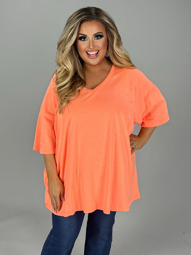 46 SSS-D {Charm Me} Neon Coral Oversized V-Neck Top PLUS SIZE 1X 2X 3X