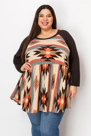 60 PQ {Tribal Vibe} Black Taupe Brown Tribal Print Top EXTENDED PLUS SIZE 4X 5X 6X