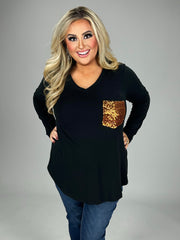 56 SD-B {Stunning Vision} Black V-Neck Sequin Pocket Top PLUS SIZE 1X 2X 3X