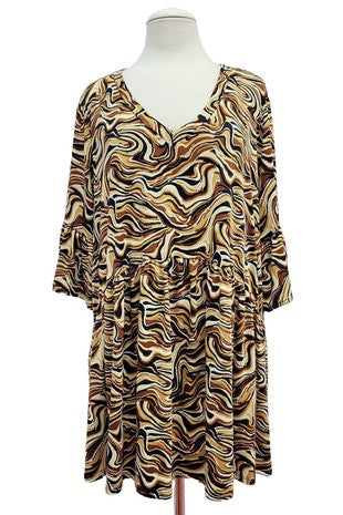 47 PSS {Perfect Stranger} Brown/Black  Swirl Print V-Neck Babydoll Top  EXTENDED PLUS SIZE 3X 4X 5X