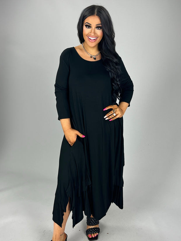 SALE!! LD-S {All Time Fav} Black 3/4 Sleeve Gathered Side Dress PLUS SIZE 1X 2X 3X