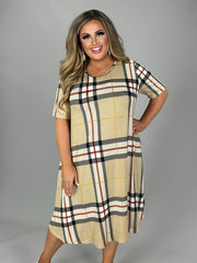 97 PSS-T {Whole Lot Of History} Taupe Plaid Print Dress PLUS SIZE 1X 2X 3X